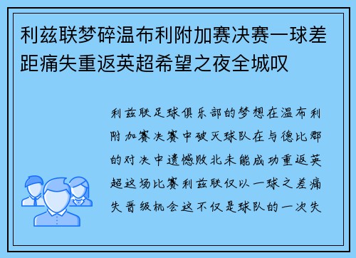 利兹联梦碎温布利附加赛决赛一球差距痛失重返英超希望之夜全城叹